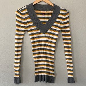 Y2K VTG lei Stretchy V-Neck Stripes Sweater Yellow Gray Juniors Medium
